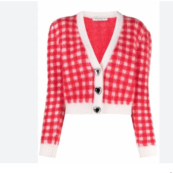Alessandra Rich Red and White Plaid Wool Blend Checked Jacquard Cardigan - Picture 1 of 7